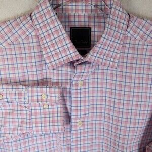David Donahue Men's 100% Cotton Blue Pink Check Trim Dress Shirt 17 34/35